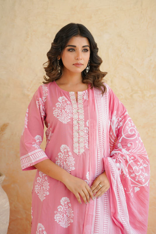 Shaajori Women’s Pink Floral Cotton Kurta Pant Set with Dupatta