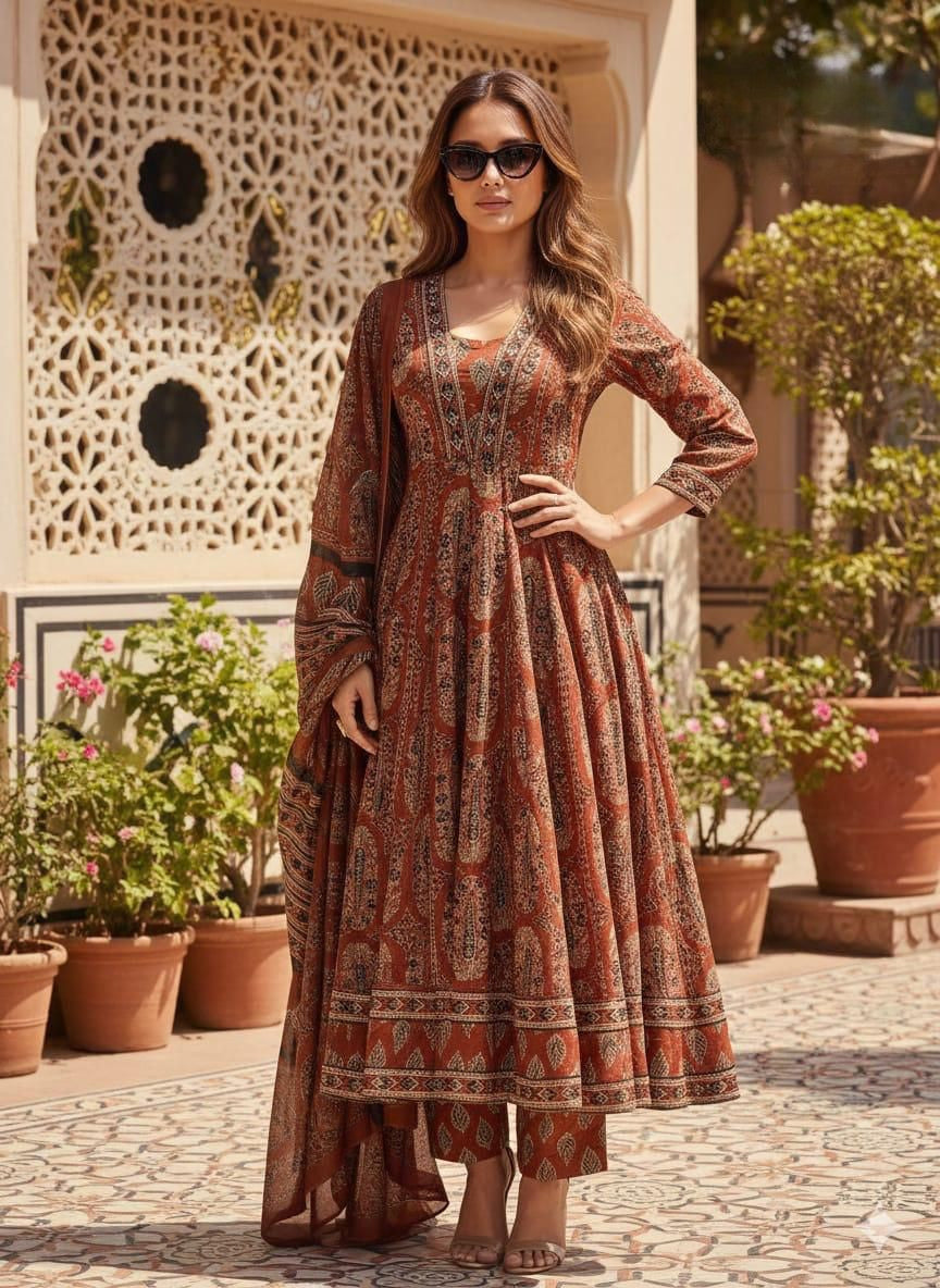 Shaajori Ajrakh Print Cotton Anarkali Set with Dupatta