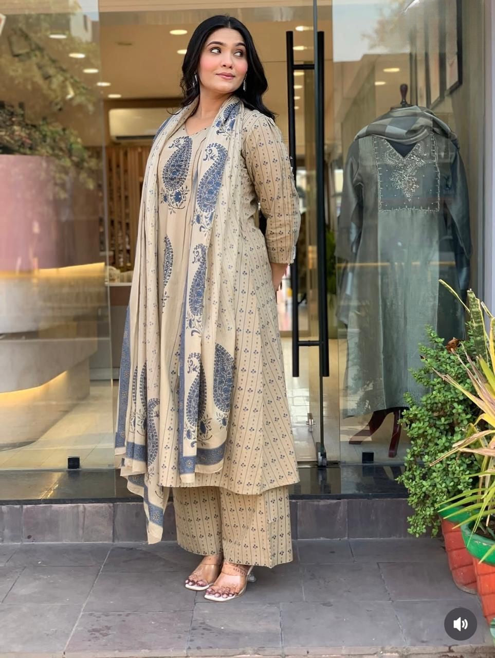 Shaajori Block-Print Cotton Anarkali Kurta with Palazzos & Paisley Dupatta