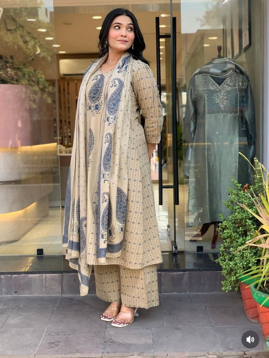 Shaajori Block-Print Cotton Anarkali Kurta with Palazzos & Paisley Dupatta