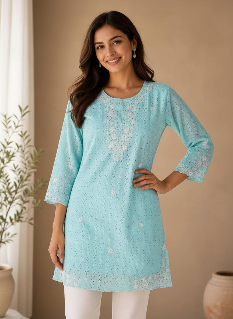 Shaajori Chikankari Embroidered Cotton Short Kurti