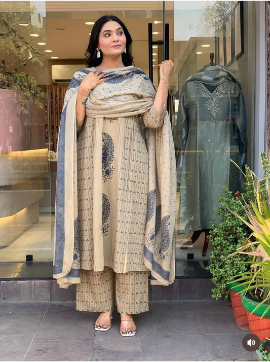 Shaajori Block-Print Cotton Anarkali Kurta with Palazzos & Paisley Dupatta