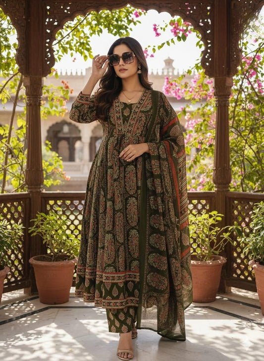 Shaajori Ajrakh Print Cotton Anarkali Set with Dupatta