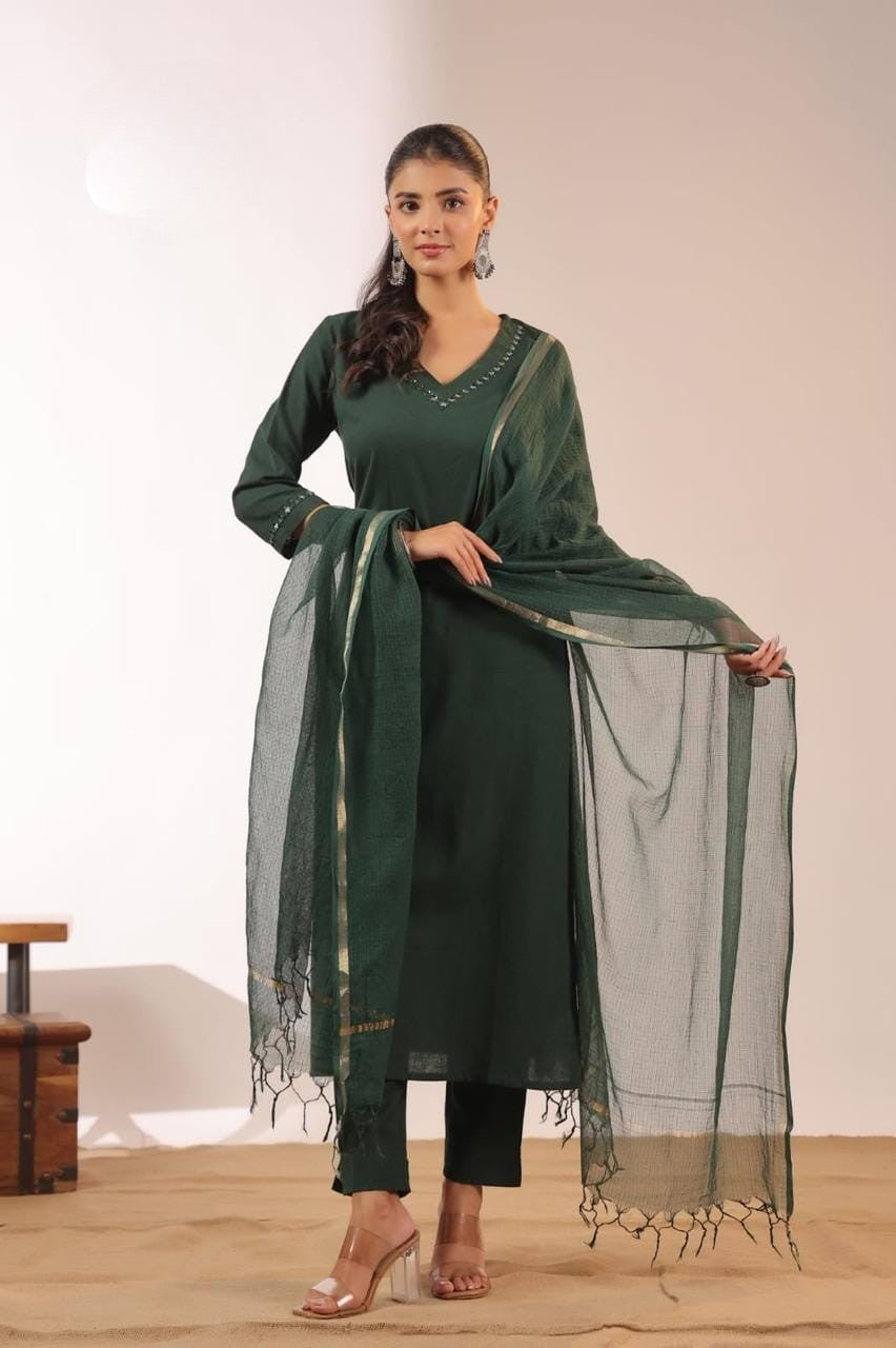 Shaajori Women Embroidered Cotton Slub Kurta with Trousers & Kota Doria Dupatta