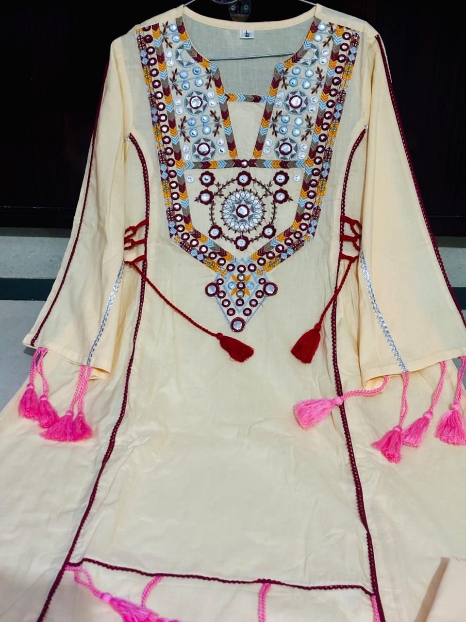 Shaajori Women Off-White Embroidered A-Line Kurta with Palazzos & Tassel Detailing