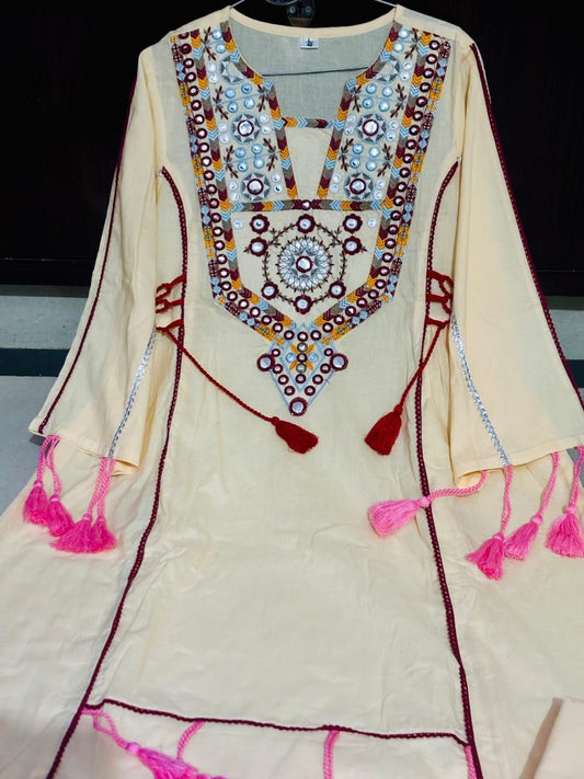 Shaajori Women Off-White Embroidered A-Line Kurta with Palazzos & Tassel Detailing