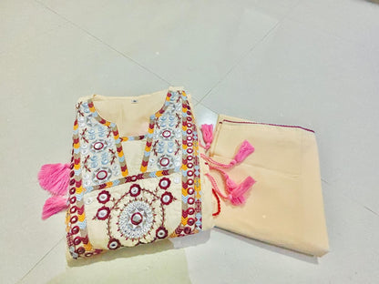 Shaajori Women Off-White Embroidered A-Line Kurta with Palazzos & Tassel Detailing