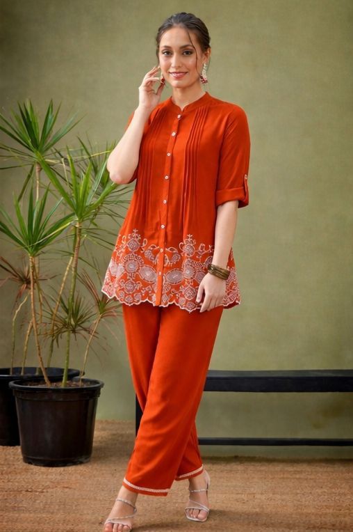 Shaajori Pintucked Tunic & Trouser Set with Scalloped Embroidery