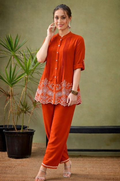Shaajori Pintucked Tunic & Trouser Set with Scalloped Embroidery