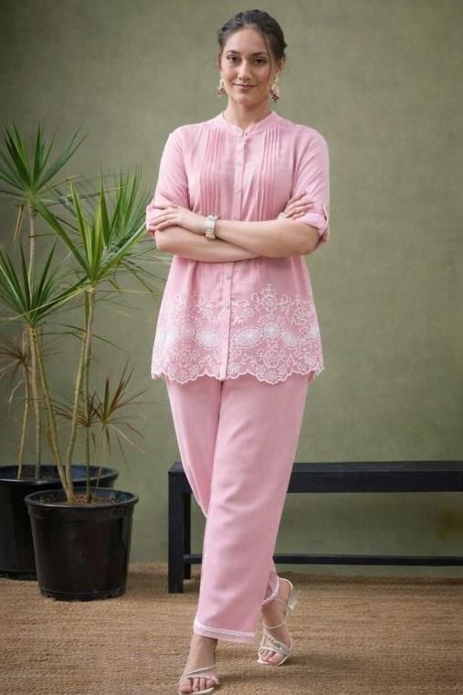 Shaajori Pintucked Tunic & Trouser Set with Scalloped Embroidery