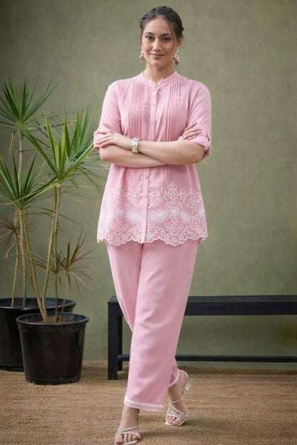 Shaajori Pintucked Tunic & Trouser Set with Scalloped Embroidery