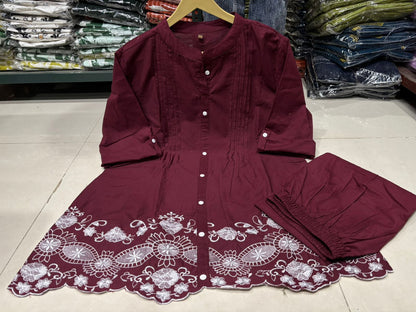 Shaajori Pintucked Tunic & Trouser Set with Scalloped Embroidery