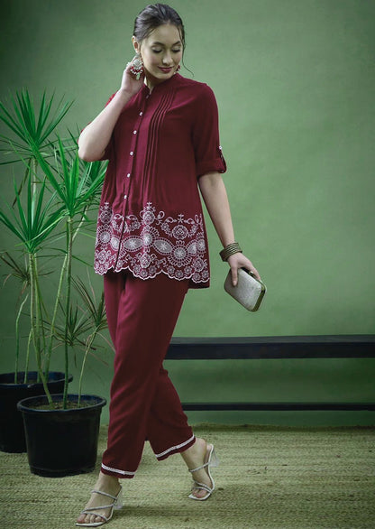 Shaajori Pintucked Tunic & Trouser Set with Scalloped Embroidery