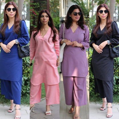 Shaajori V-Neck Relaxed Tunic & Wide-Leg Trouser Set