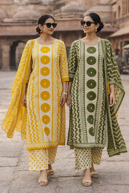 Shaajori Geometric Print Cotton Kurta Set with Polka Dot Palazzos
