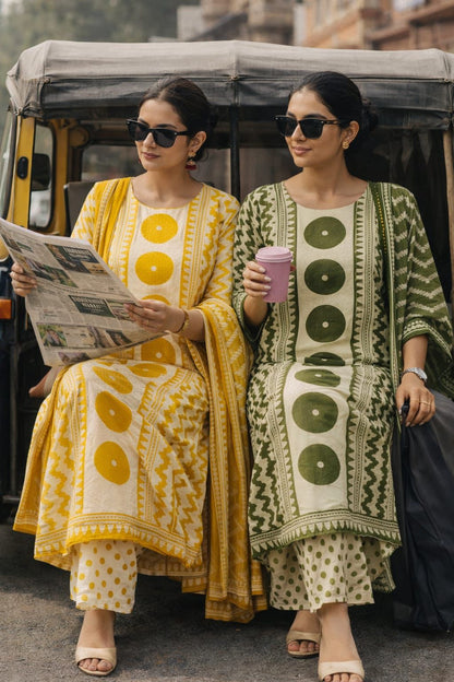 Shaajori Geometric Print Cotton Kurta Set with Polka Dot Palazzos