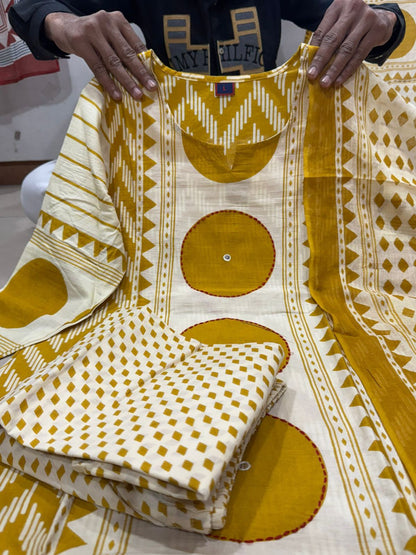 Shaajori Geometric Print Cotton Kurta Set with Polka Dot Palazzos