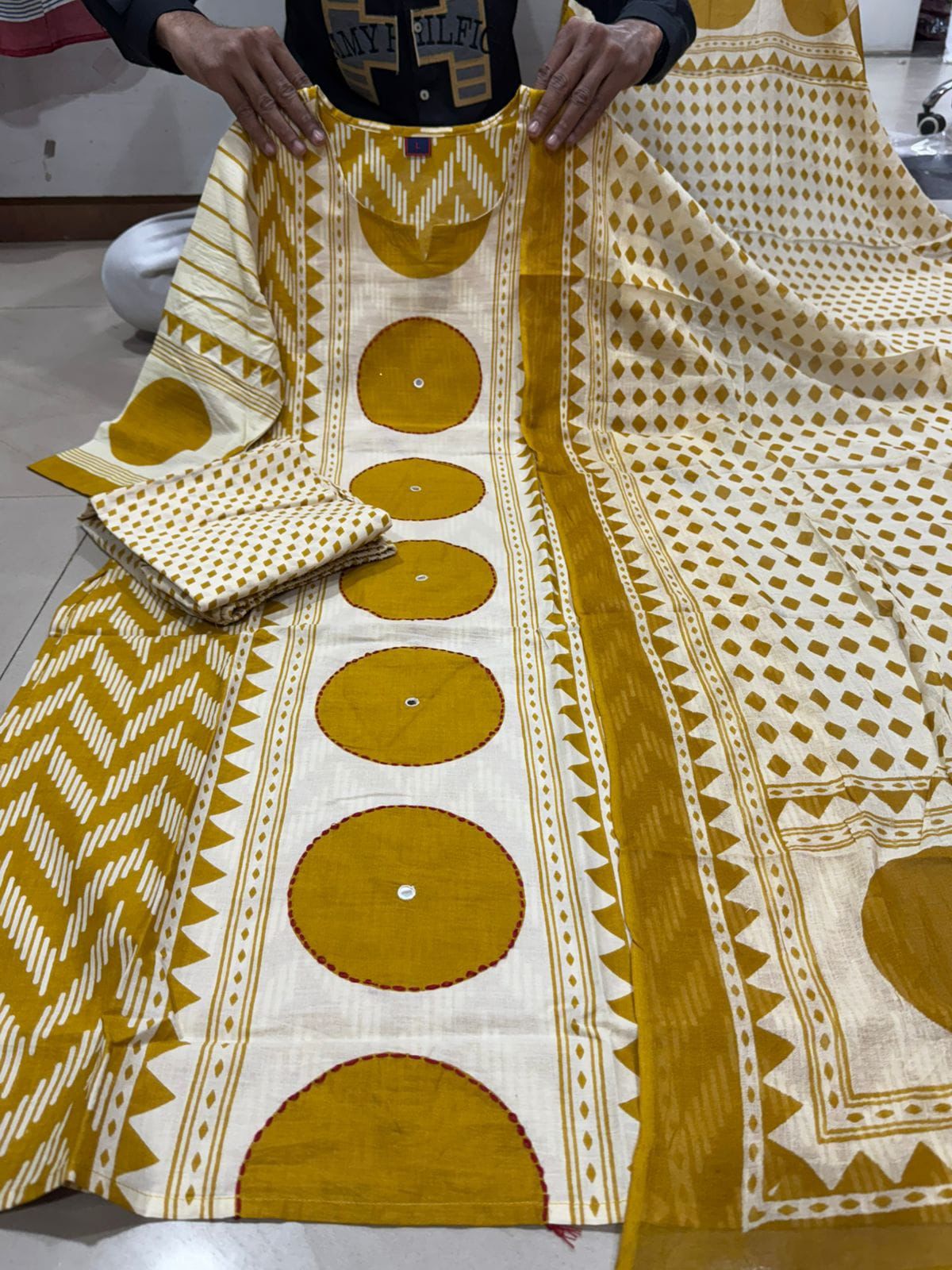 Shaajori Geometric Print Cotton Kurta Set with Polka Dot Palazzos
