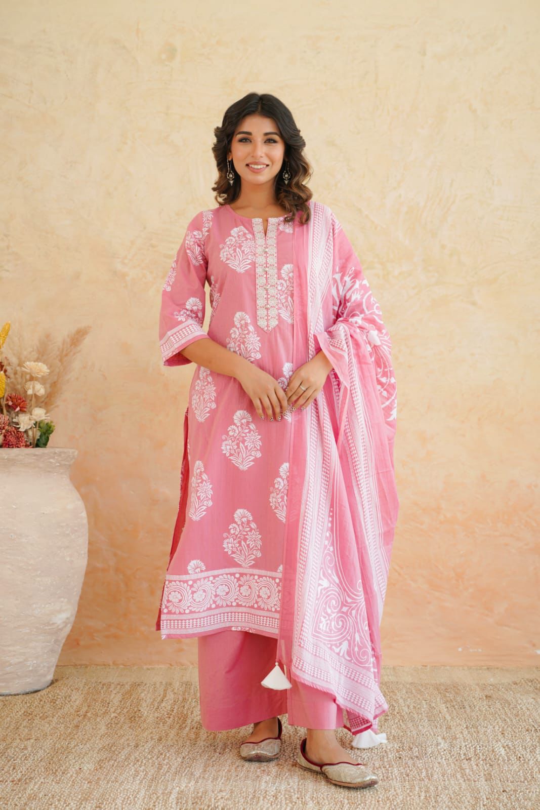 Shaajori Women’s Pink Floral Cotton Kurta Pant Set with Dupatta