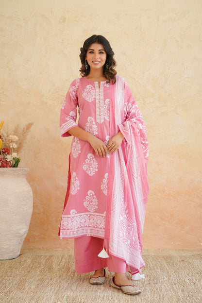 Shaajori Women’s Pink Floral Cotton Kurta Pant Set with Dupatta
