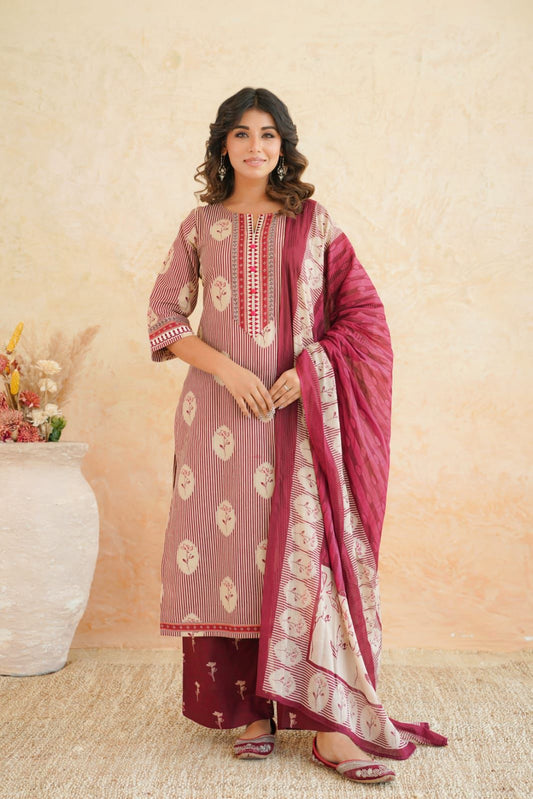 Shaajori Women’s Burgendy Floral Cotton Kurta Pant Set with Dupatta