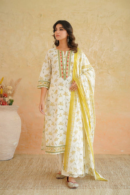 Shaajori Women’s off white Floral Cotton Kurta Pant Set with Dupatta
