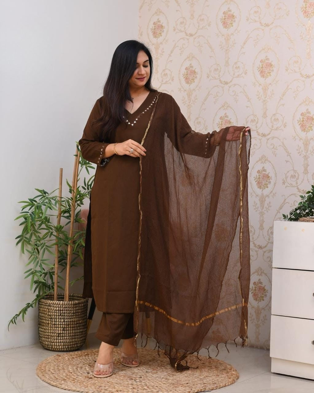 Shaajori Women Embroidered Cotton Slub Kurta with Trousers & Kota Doria Dupatta
